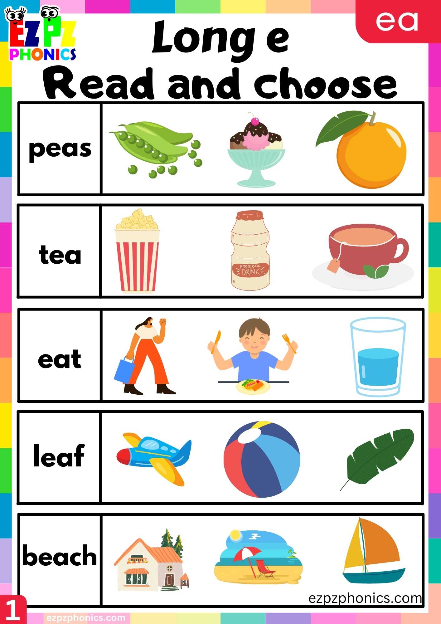 Group1 EA Words Read And Choose Long E Phonics Worksheet
